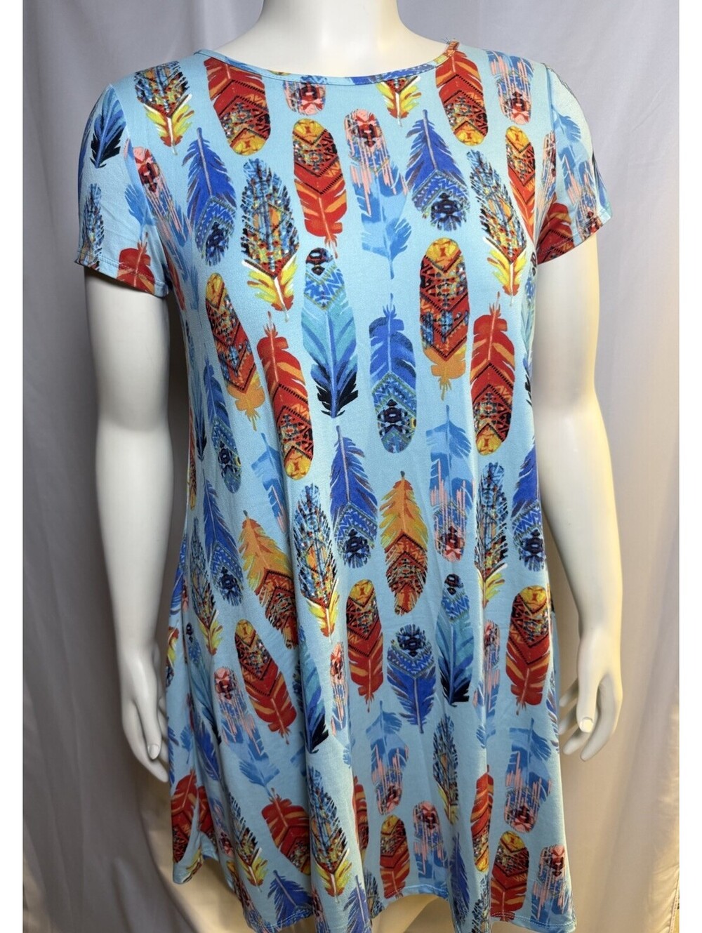 Jamie & Layla Feather Print Swing Dress Blue Multicolor Short Sleeve Medium
